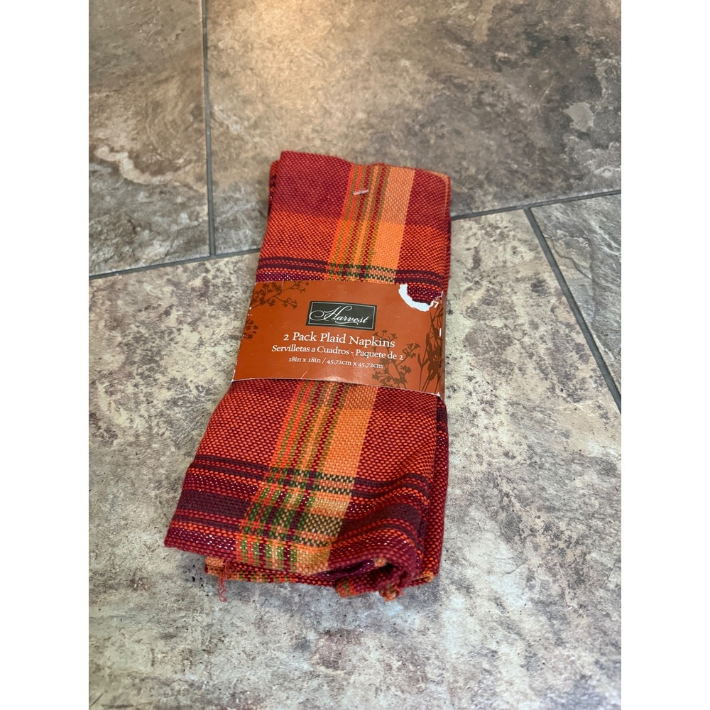 Harvest 2 Pack Plaid Napkins Orange Red Autumn Fall Table Linens 18x18 New